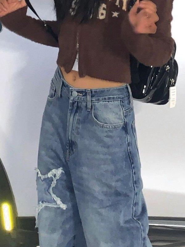 Star Patch Distressed Blue Boyfriend Jeans Product Image