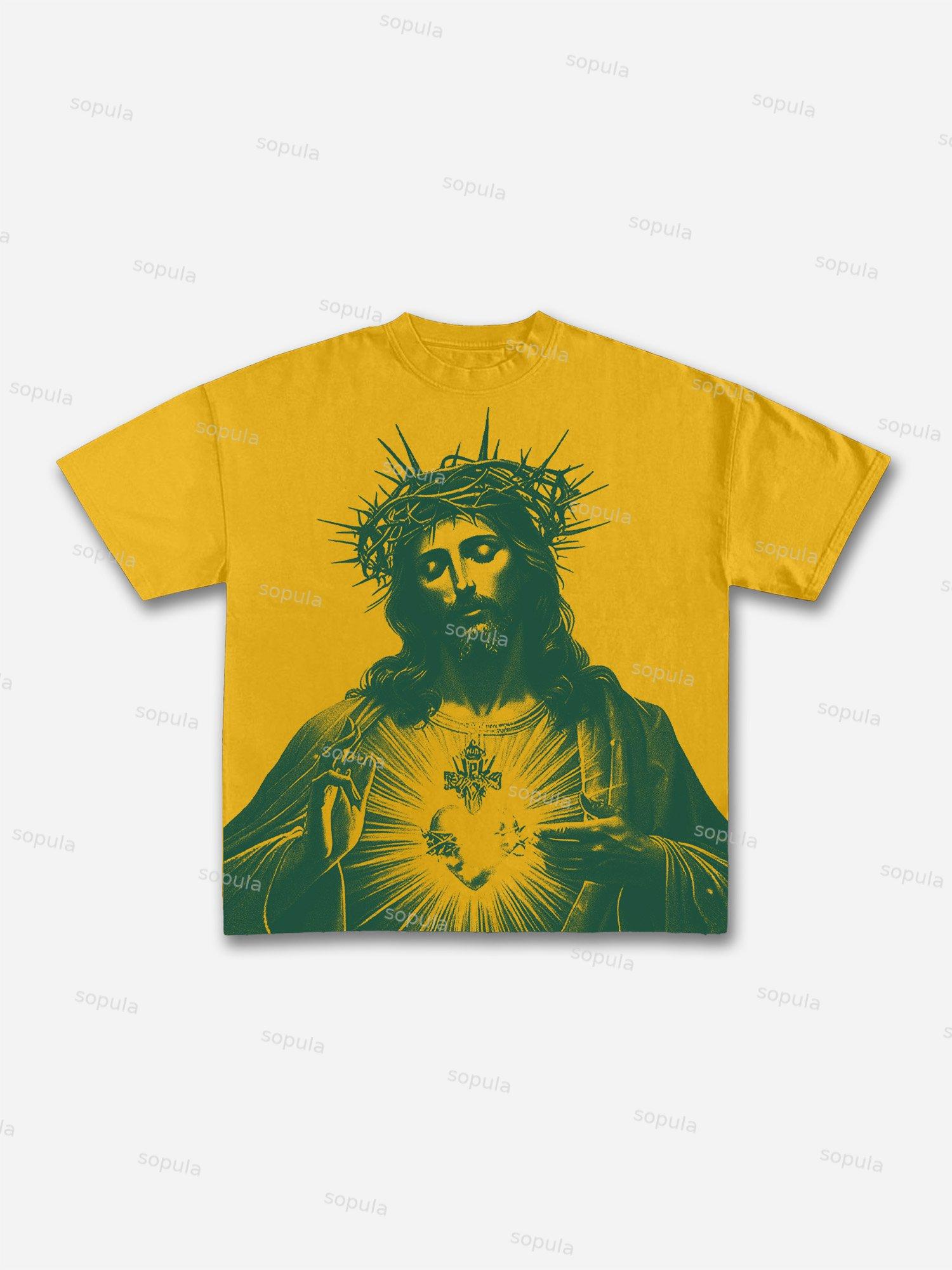 Vintage Jesus Print Cotton T-shirt Product Image