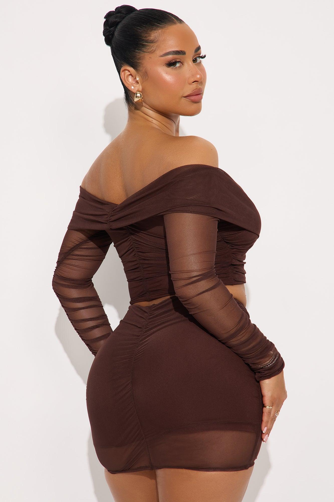 Maya Off Shoulder Ruched Mesh Skirt Set - Chocolate Product Image