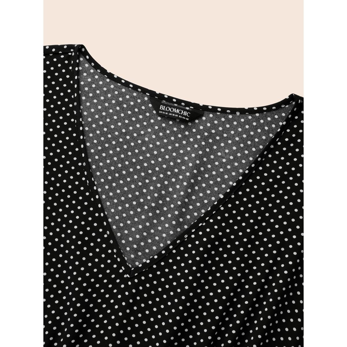 Plus Size V Neck Polka Dot Midi Dress Black Women Elegant Gathered V-neck Sleeveless Curvy BloomChic 12/L Product Image