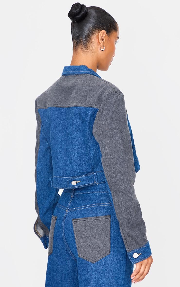 Dark Blue And Black Contrast Panel Cropped Denim Jacket Product Image