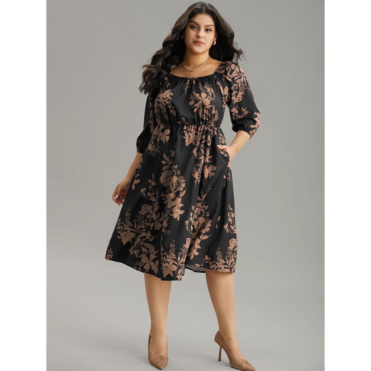 Plus Size Silhouette Floral Print Elastic Cuffs Dress Black Women Elegant Elastic cuffs Square Neck Elbow-length sleeve Curvy Midi Dress BloomChic 26/4X Product Image