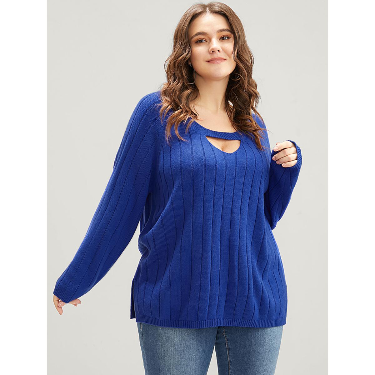 Plus Size Solid Pointelle Knit Cut Out Split Hem Rib Knit Top Aegean Women Elegant Loose Long Sleeve Dailywear Pullovers BloomChic 30/6X Product Image