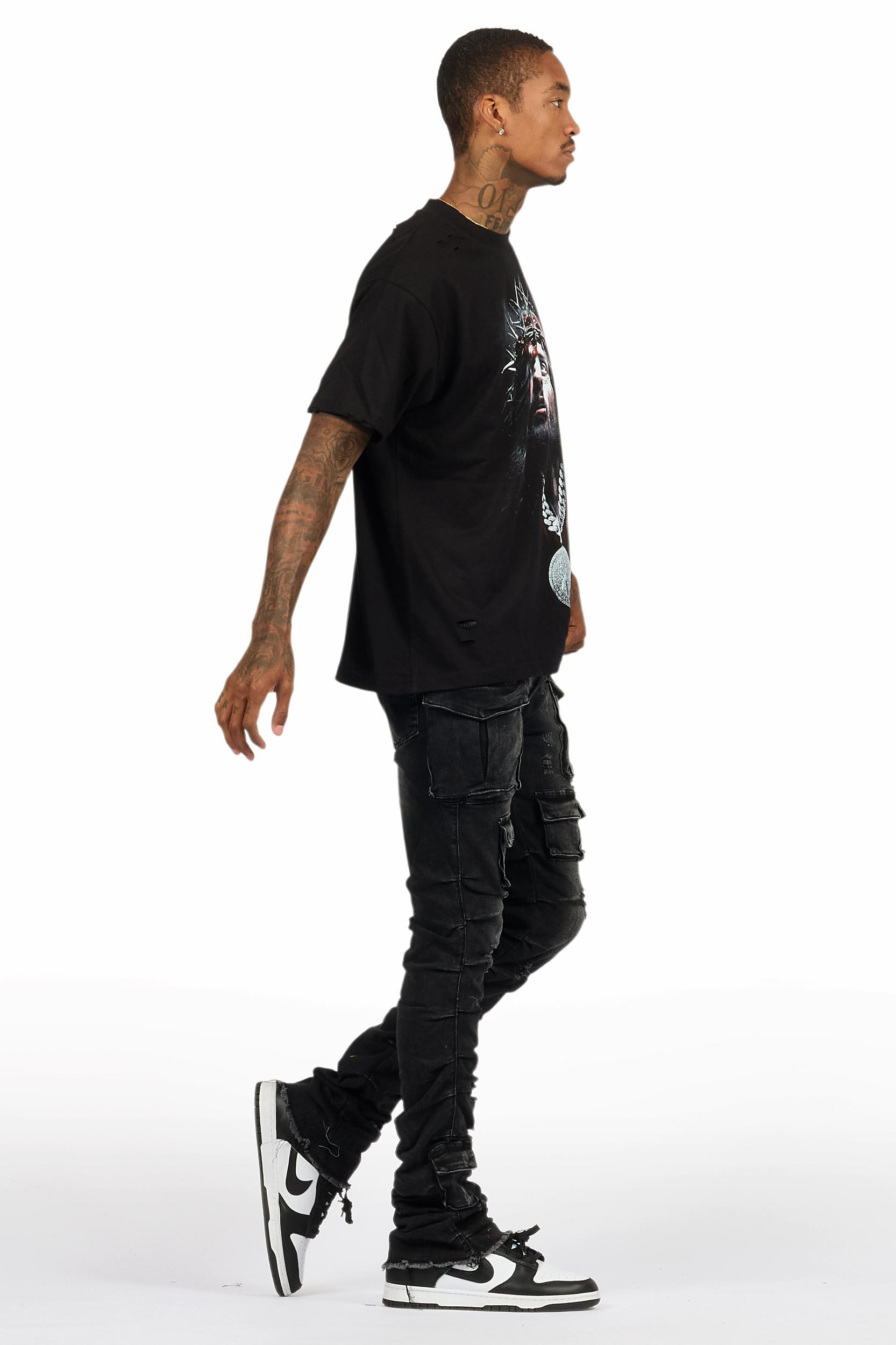 Amina Black Washed T-Shirt Stacked Flare Jean Set Male Product Image