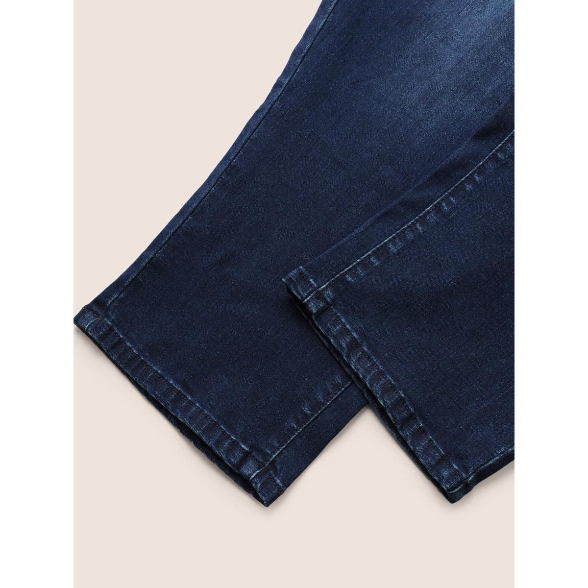 Plus Size Dark Wash Below The Knees Pocket Jeans Women Indigo Casual Plain Button High stretch Slanted pocket Jeans BloomChic 14/1X Product Image