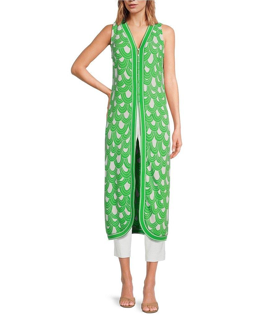 Trina Turk Woven Printed V-Neck Sleeveless Button Front Slice Tunic Product Image