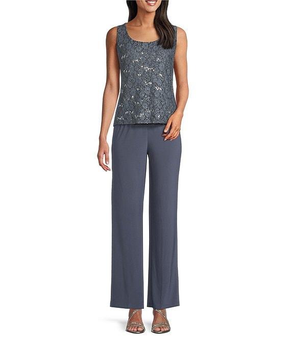 R & M Richards 3/4 Sleeve Sequin And Pearl Embellished Crew Neck Lace 3-Piece Pant Set Product Image
