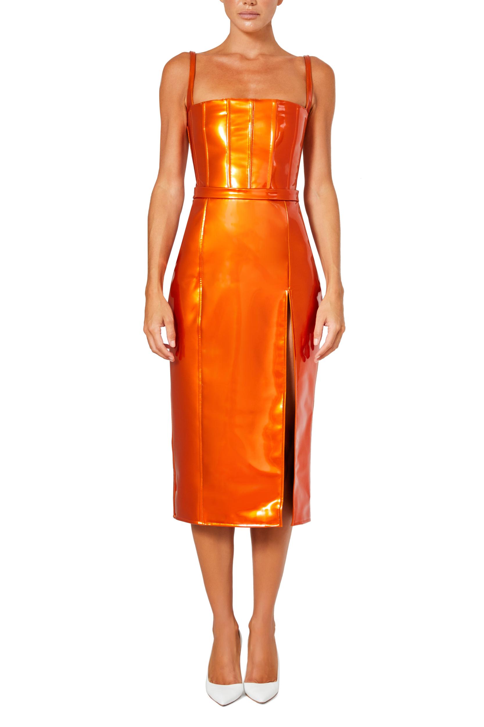 Orange Slit PVC Pencil Skirt Product Image