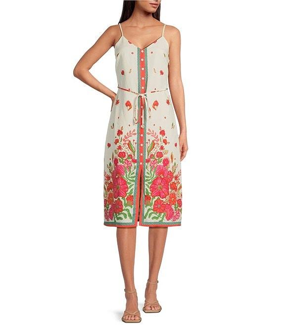 Skies Are Blue Floral Border Print V-Neck Button Front Front Sleeveless Midi Dress Product Image