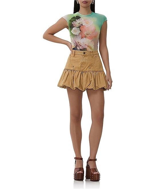 AFRM Kaylee Mesh Floral Placement Print Crew Neck Short Sleeve Top Product Image