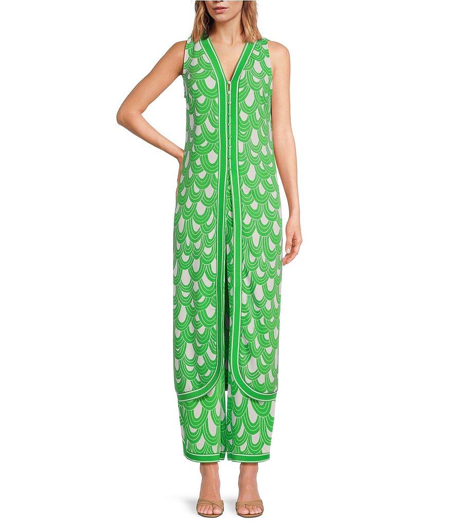 Trina Turk Woven Printed V-Neck Sleeveless Button Front Slice Tunic Product Image