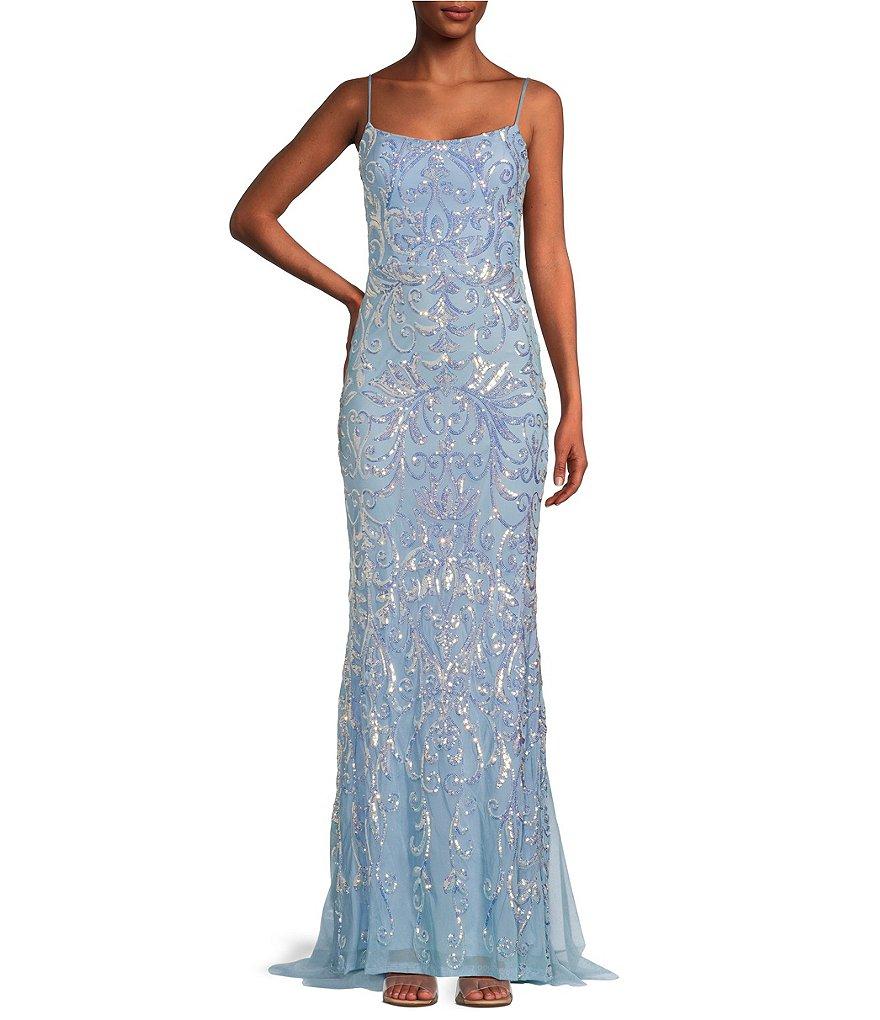 B. Darlin Sequin Pattern Spaghetti Strap Scoop Neck Lace-Up-Back Dress Product Image