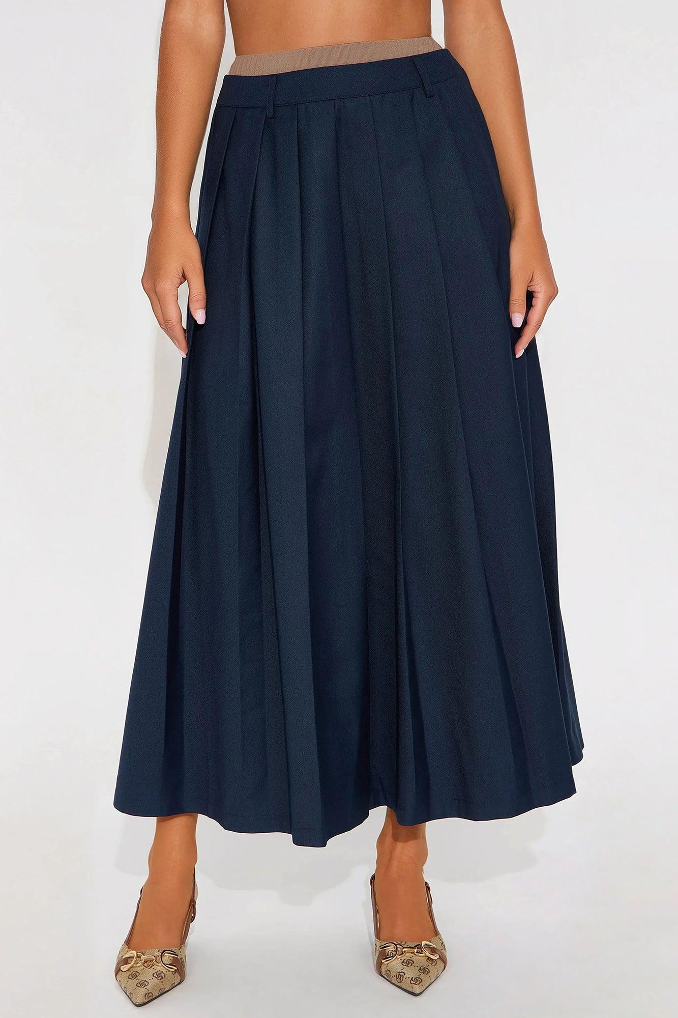 Milla Double Waistband Midi Skirt - Navy Product Image
