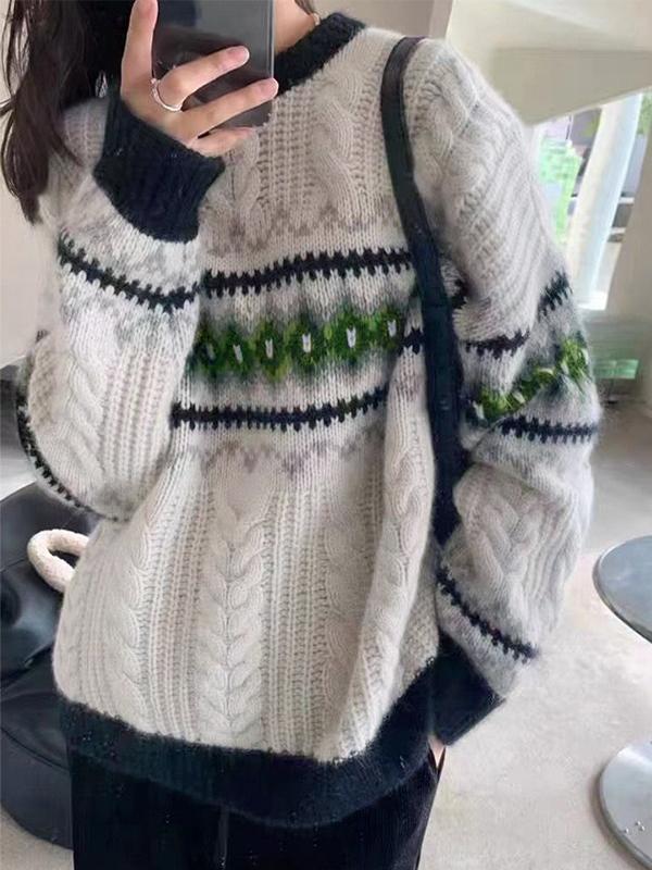 Vintage Jacquard Cable Knit Pullover Sweater Product Image