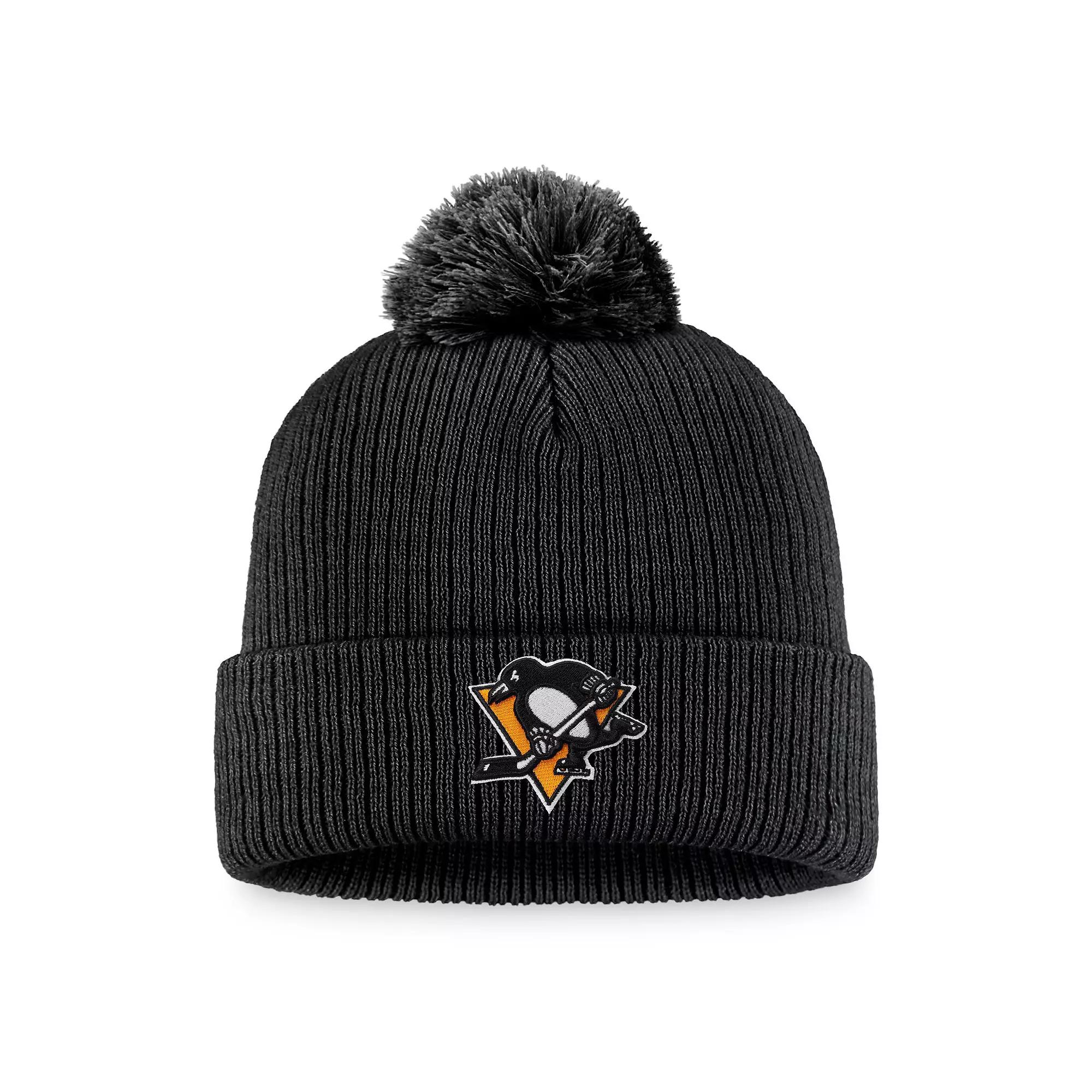 Men's Fanatics Branded Black Pittsburgh Penguins Core Primary Logo Cuffed Knit Hat with Pom Product Image