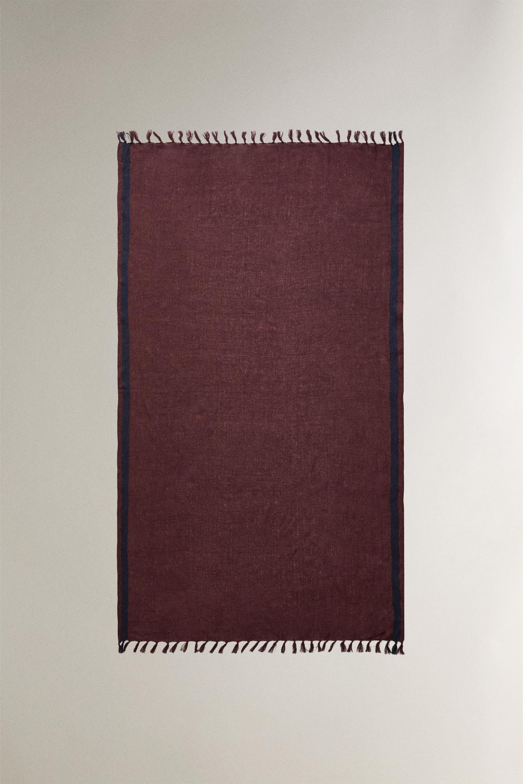 STRIPED LINEN BEACH WRAP TOWEL WITH FRINGING Product Image