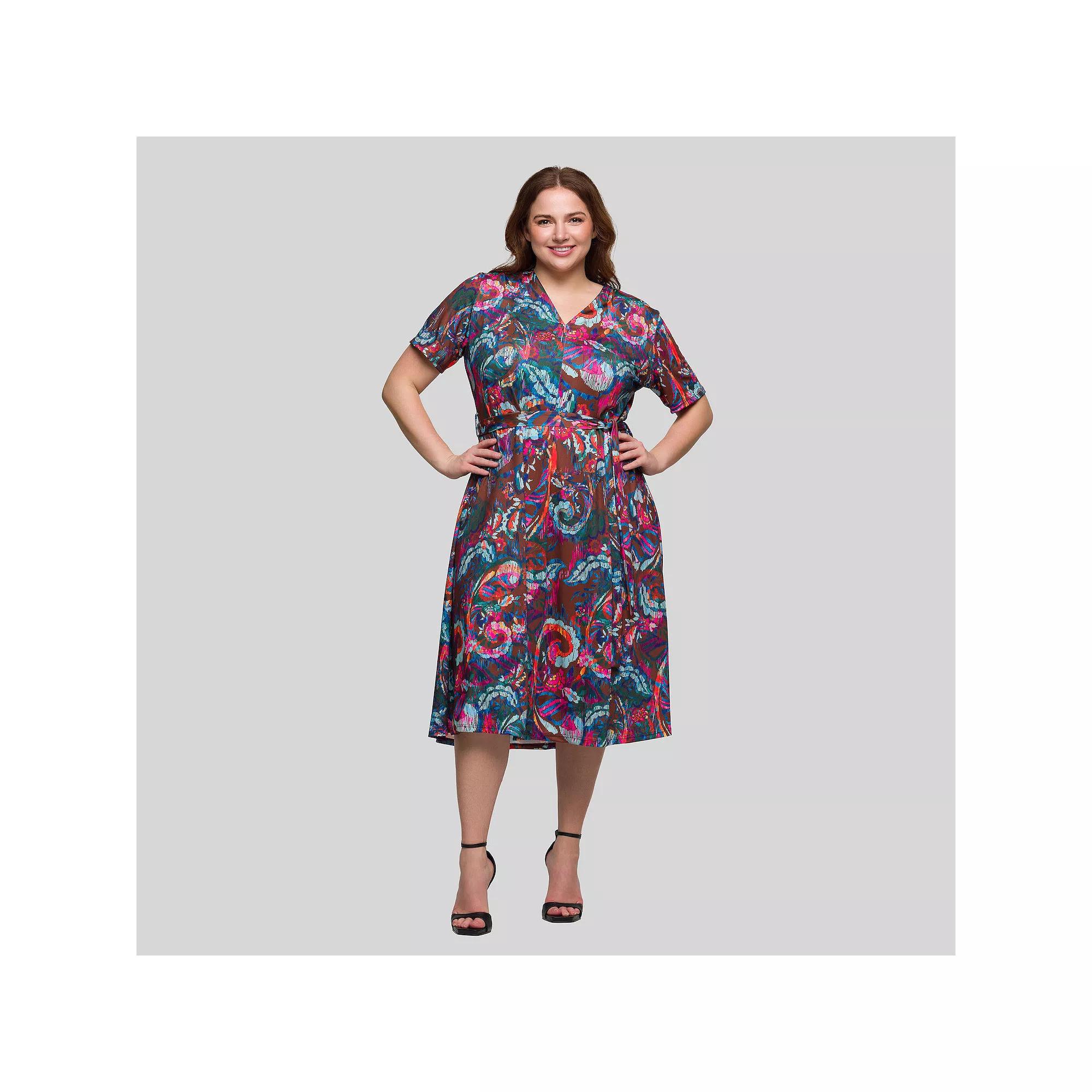 Plus Size 24Seven Comfort Apparel Short Sleeve Tie Waist Midi Dress, Women's, Size: 3XL, Pink Team Product Image