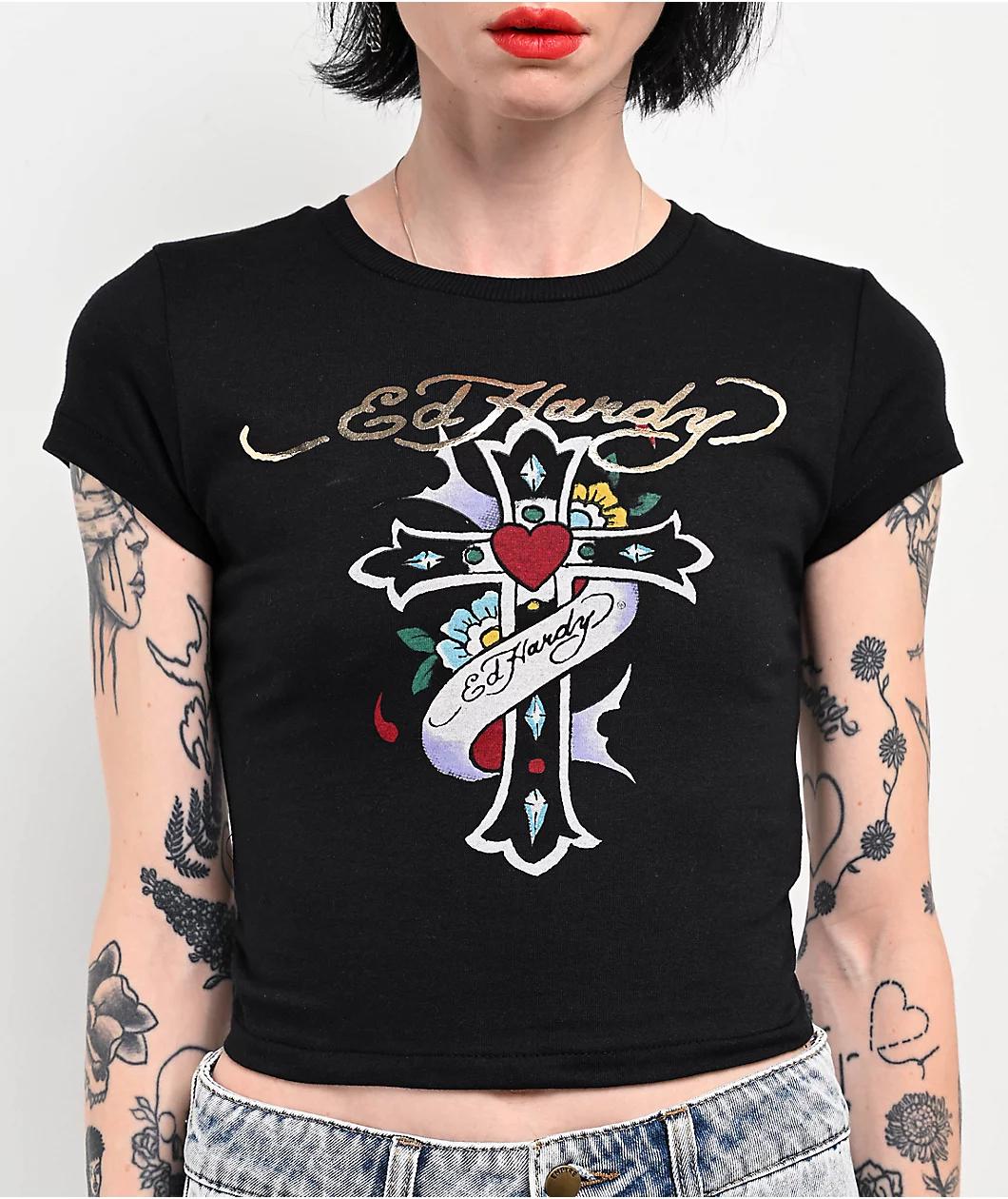 Ed Hardy Cross Black Crop T-Shirt Product Image