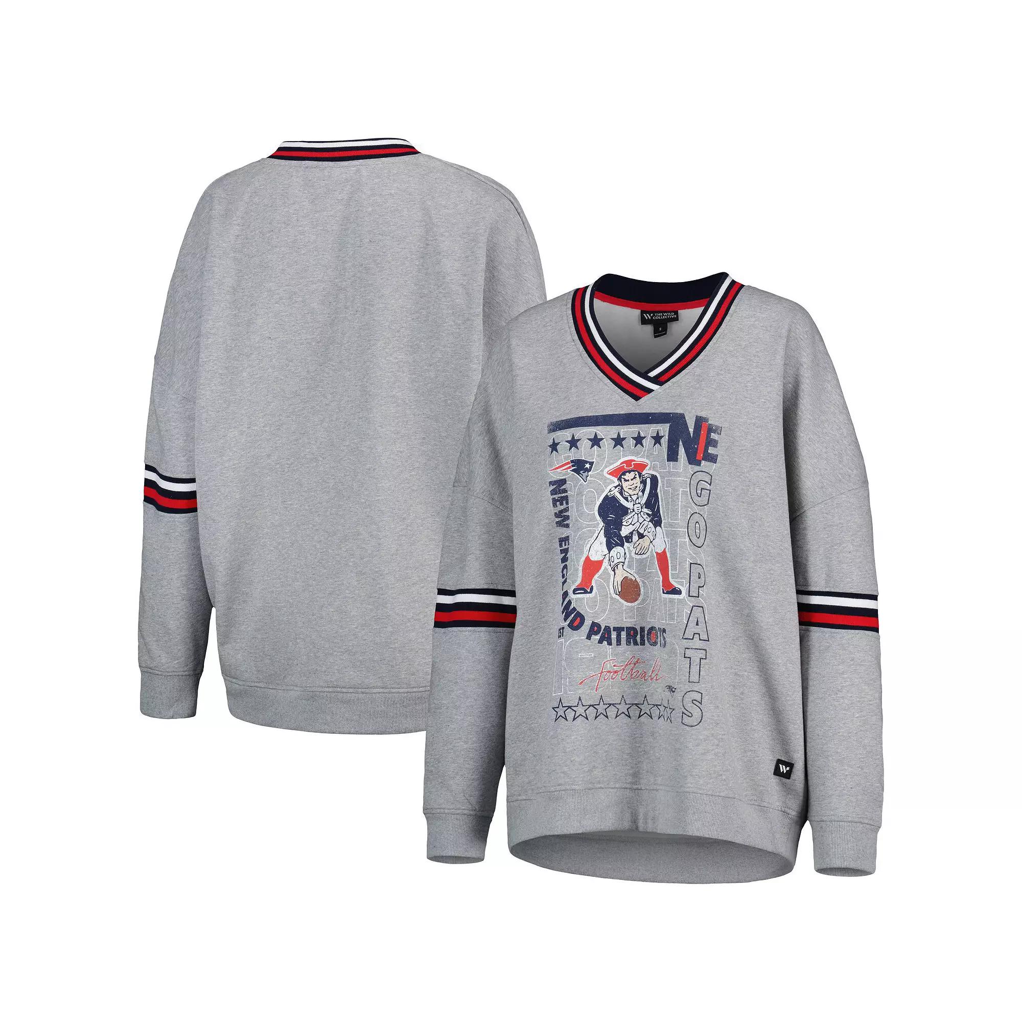 Women's The Wild Collective Heather Gray New England Patriots Vintage V-Neck Pullover Sweatshirt,  Product Image