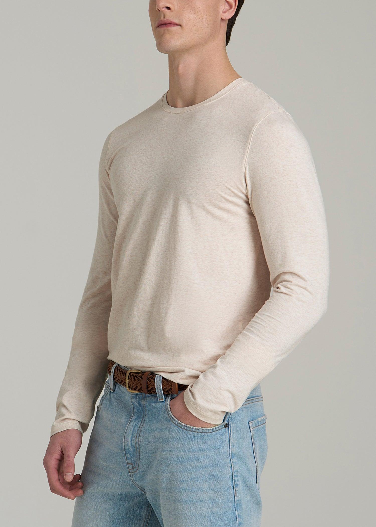 The Essential Modern Fit Crewneck Long Sleeve Tee for Tall Men in Heathered Oatmeal Male Product Image
