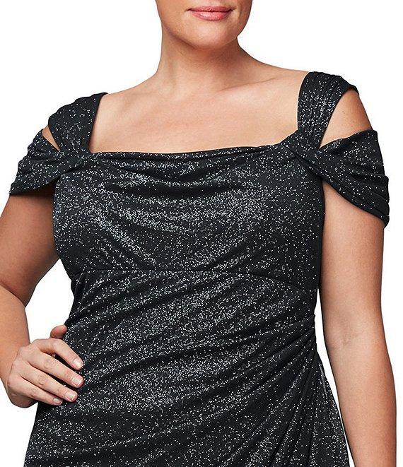 Alex Evenings Plus Size Cold Shoulder Cowl Neck Cap Sleeve Glitter Mesh Gown Product Image