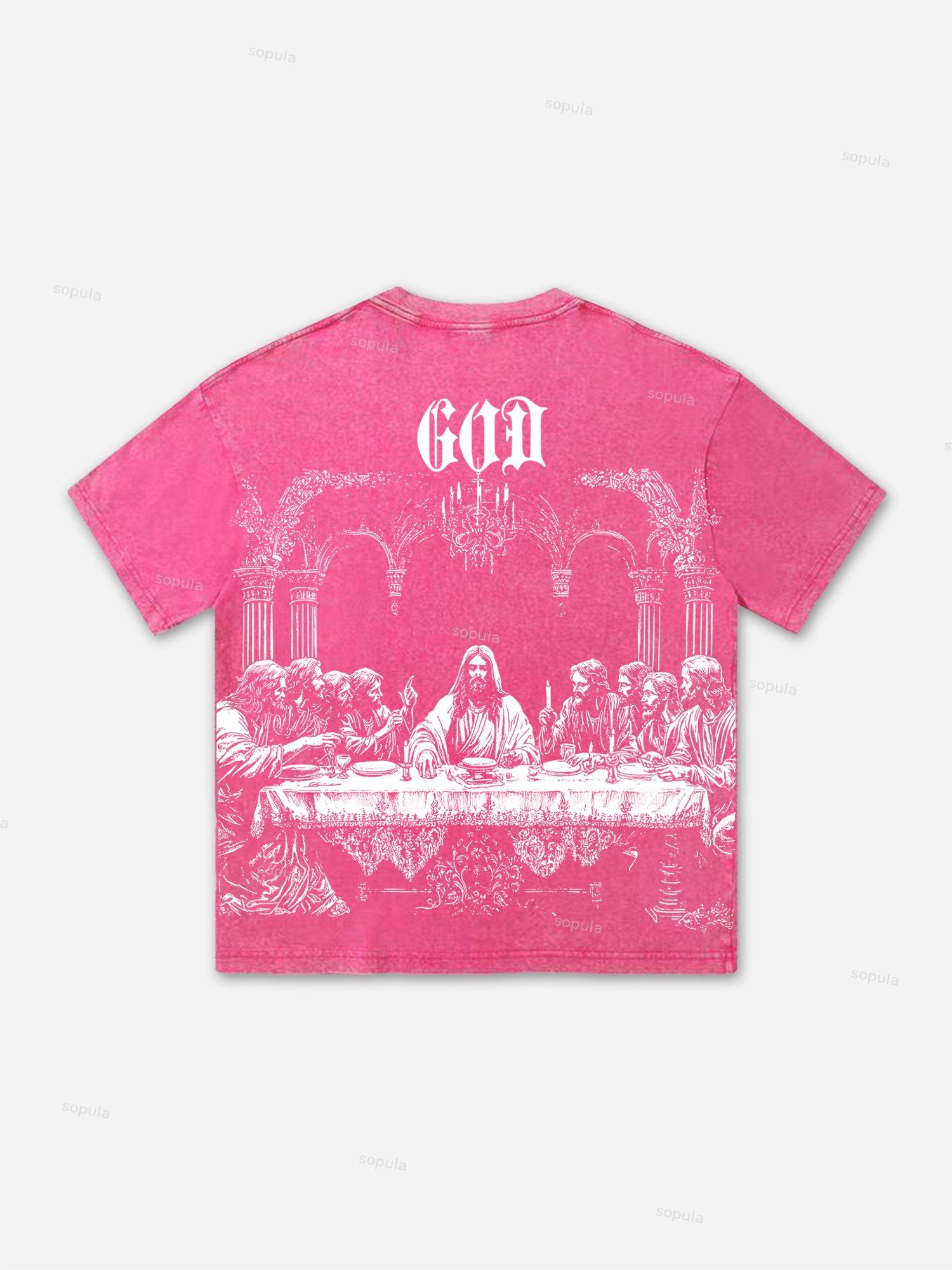 God's Supper Print Acid Wash T-shirt Product Image