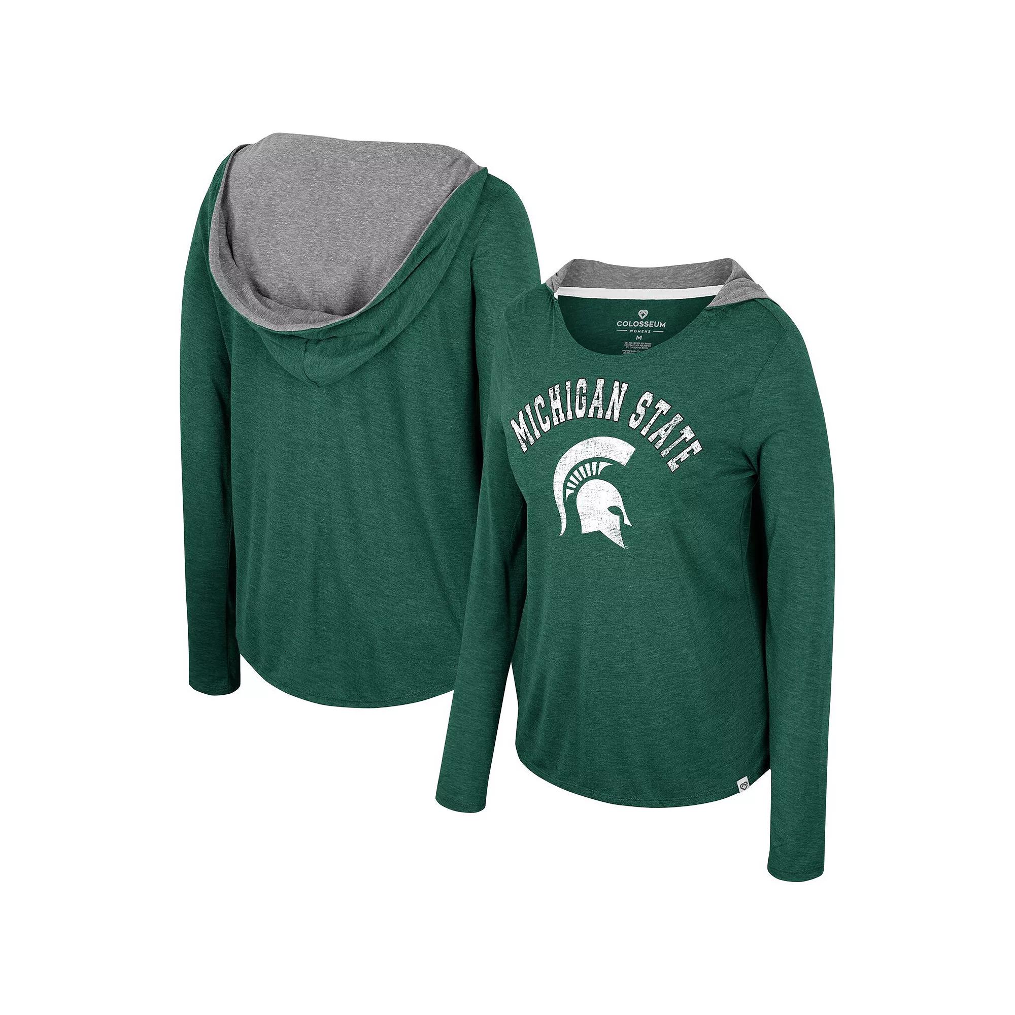 Women's Colosseum Green Michigan State Spartans Distressed Heather Long Sleeve Hoodie T-Shirt,  Product Image