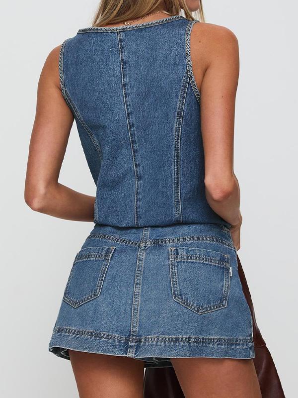 Sleeveless Lace-Up Denim Two Piece Product Image