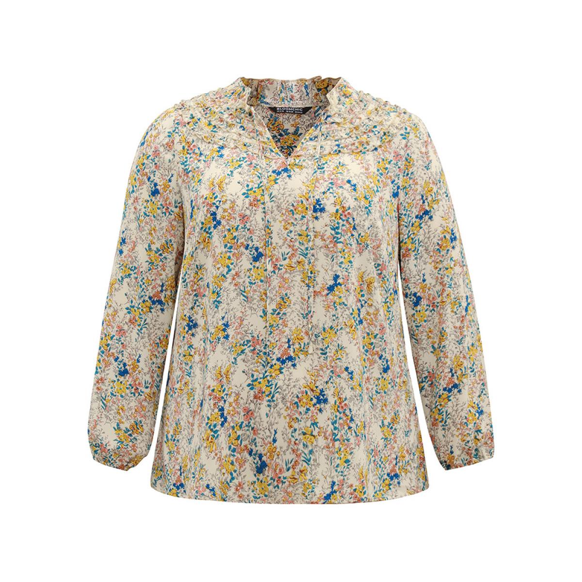 Plus Size Ivory Ditsy Floral Print Notched Lantern Sleeve Blouse Women Elegant Long Sleeve Notched collar Everyday Blouses BloomChic 12/L Product Image