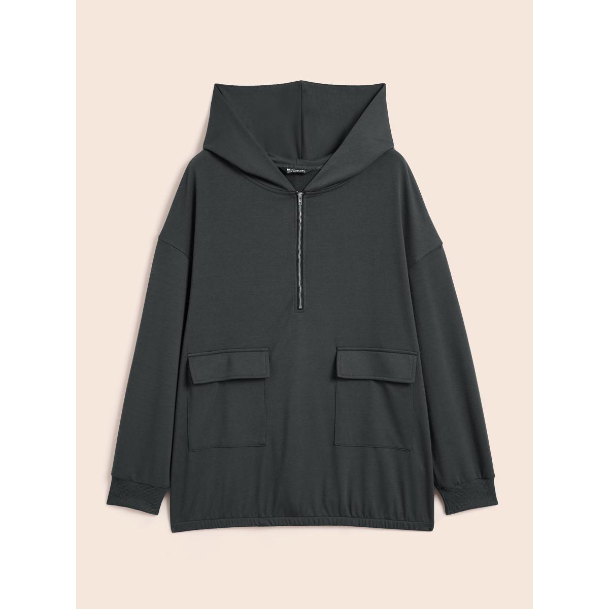 Plus Size Half Zip Hooded Pocket Sweatshirt Women DimGray Casual Patchwork Hooded Everyday Sweatshirts BloomChic 30/6X Product Image