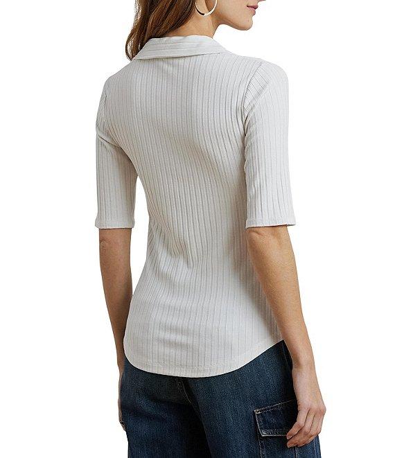 Lauren Ralph Lauren Petite Size Rib Knit Collared Elbow Sleeve Slim Fit Polo T-Shirt Product Image