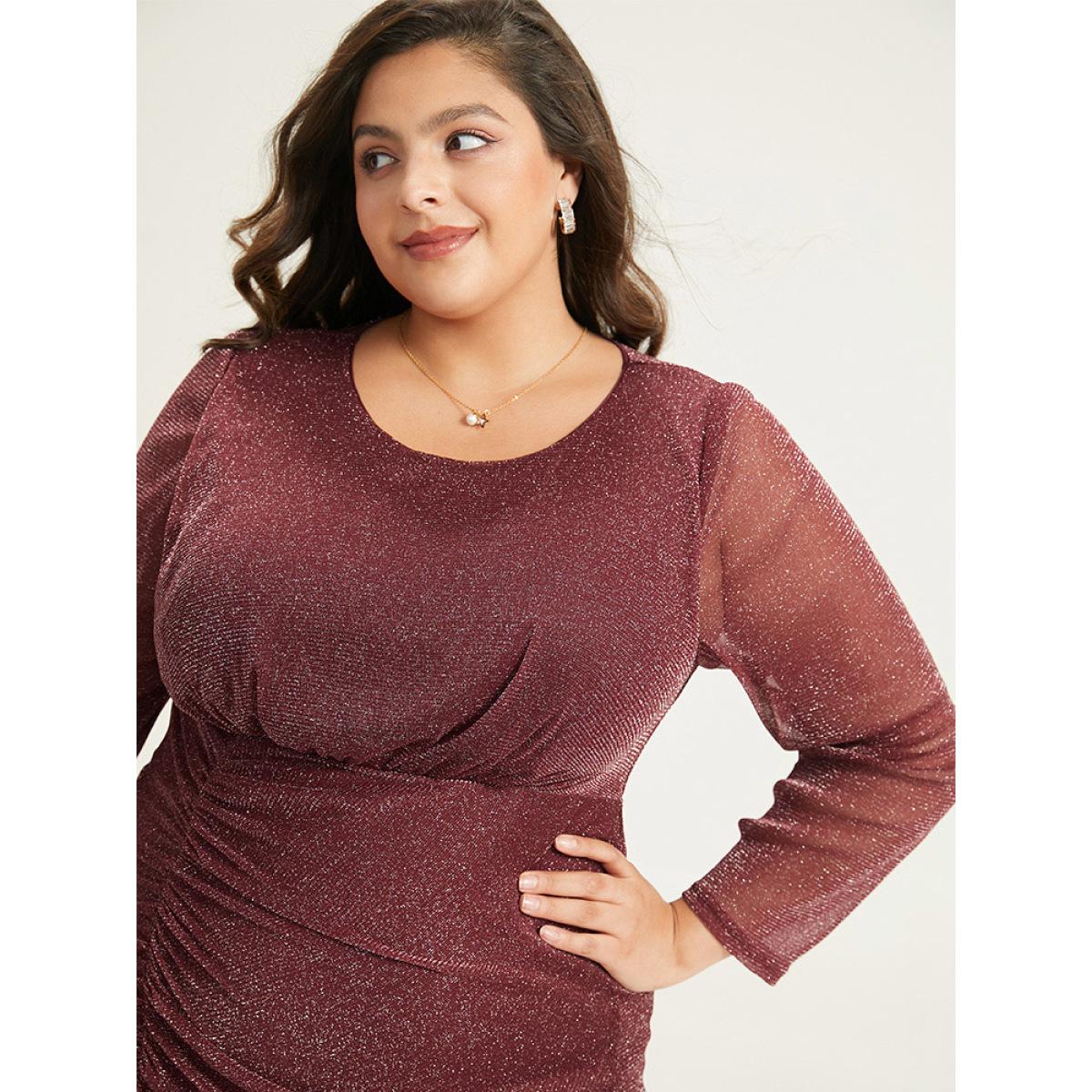 Plus Size Lurex Glitter Crew Neck Mesh Patchwork Gathered Dress Burgundy Women Casual Gathered Round Neck Long Sleeve Curvy Midi Dress BloomChic 10/M Product Image