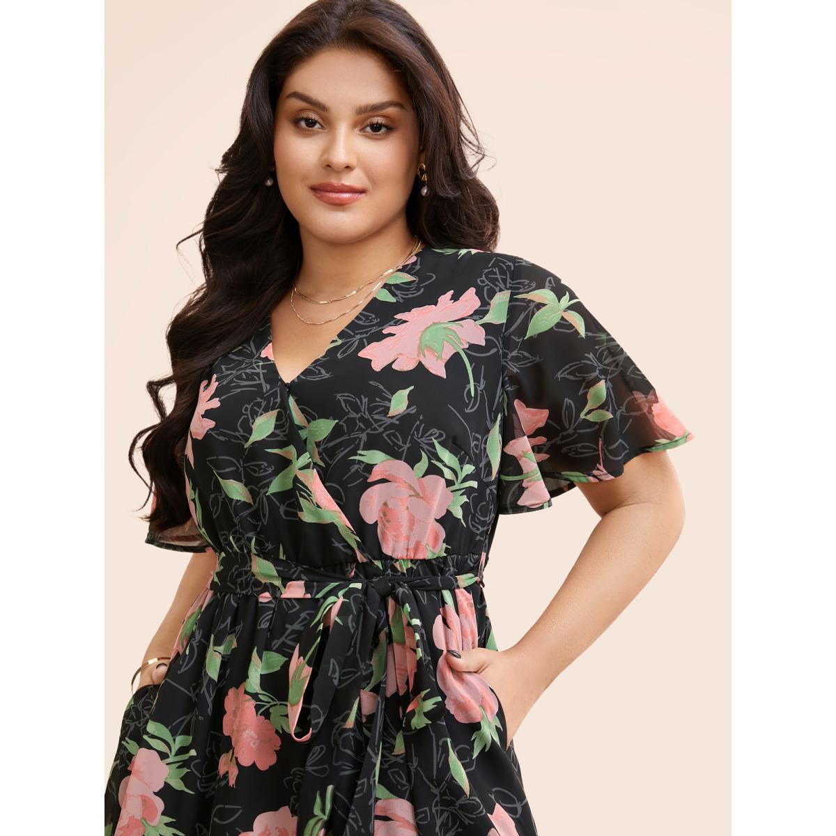 Plus Size Overlap Collar Floral Split Hem Dress Multicolor Women Elegant See through Overlap Collar Short sleeve Curvy BloomChic 18-20/2X Product Image