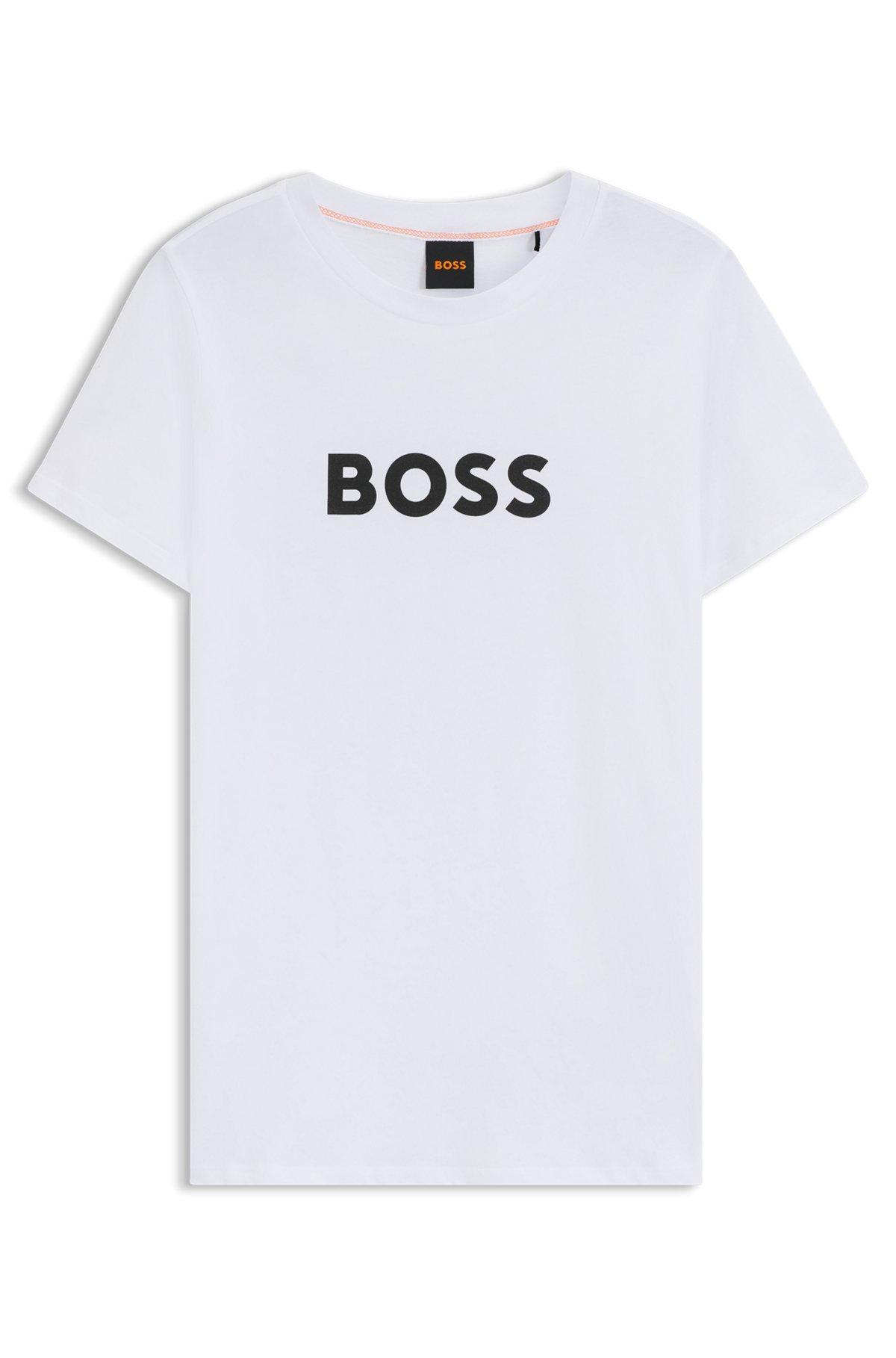 BOSS - Cotton T-shirt with contrast logo stripe - White Product Image