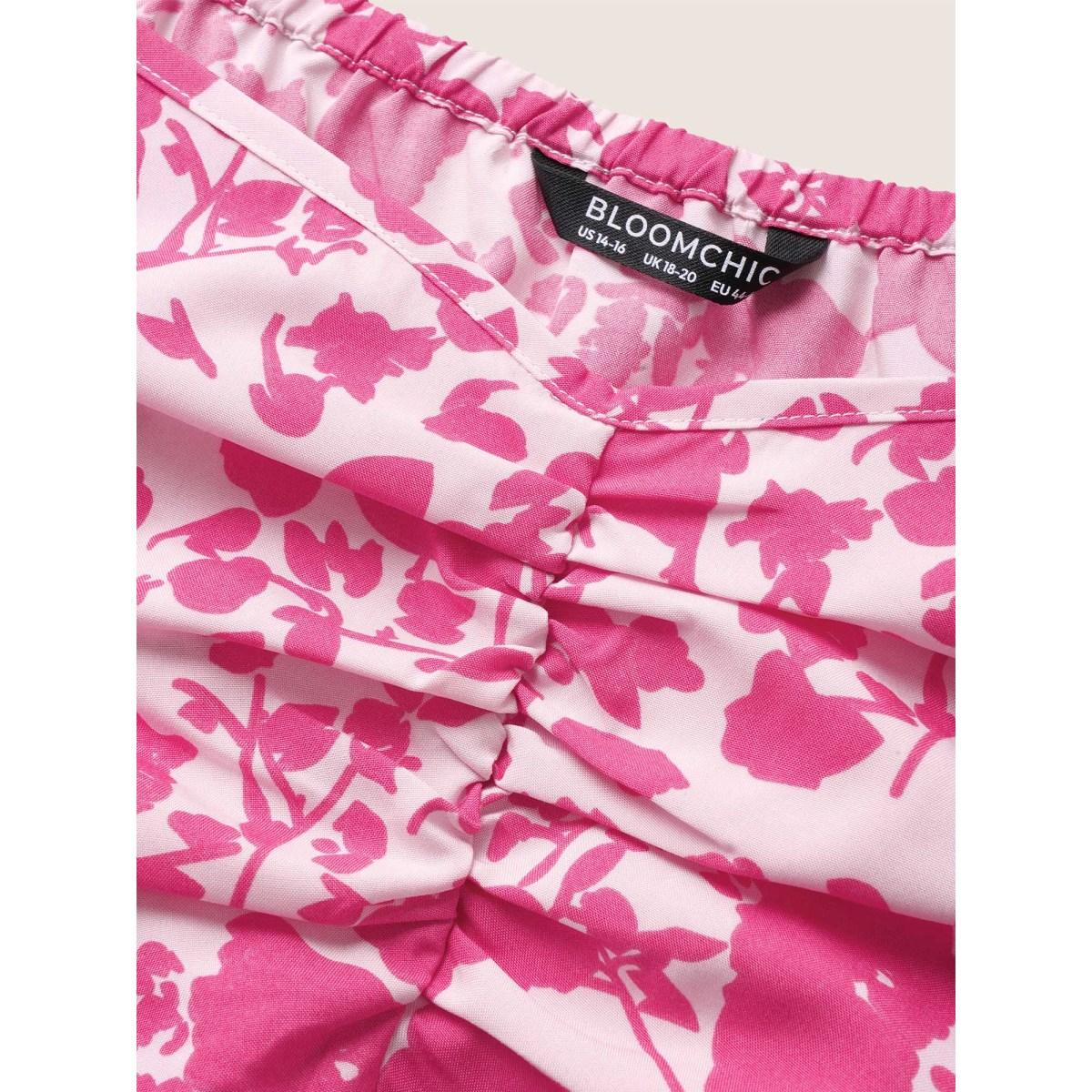 Plus Size Silhouette Floral Print Ruched Lantern Sleeve Dress Watermelon Women Elegant Gathered Square Neck Short sleeve Curvy Midi Dress BloomChic 18-20/2X Product Image