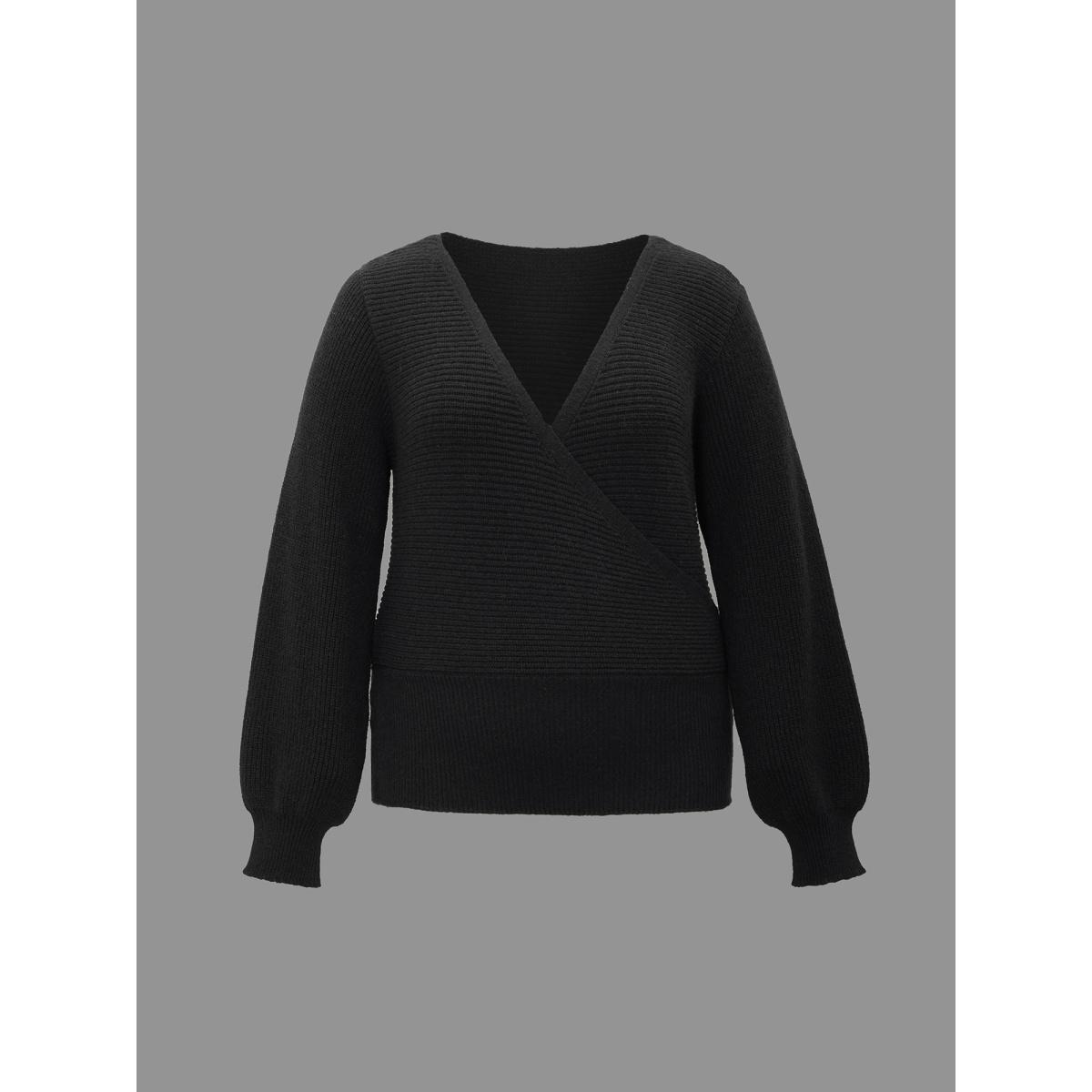 Plus Size Overlap Collar Textured Lantern Sleeve Pullover Black Women Casual Loose Long Sleeve Overlap Collar Everyday Pullovers BloomChic 10/M Product Image