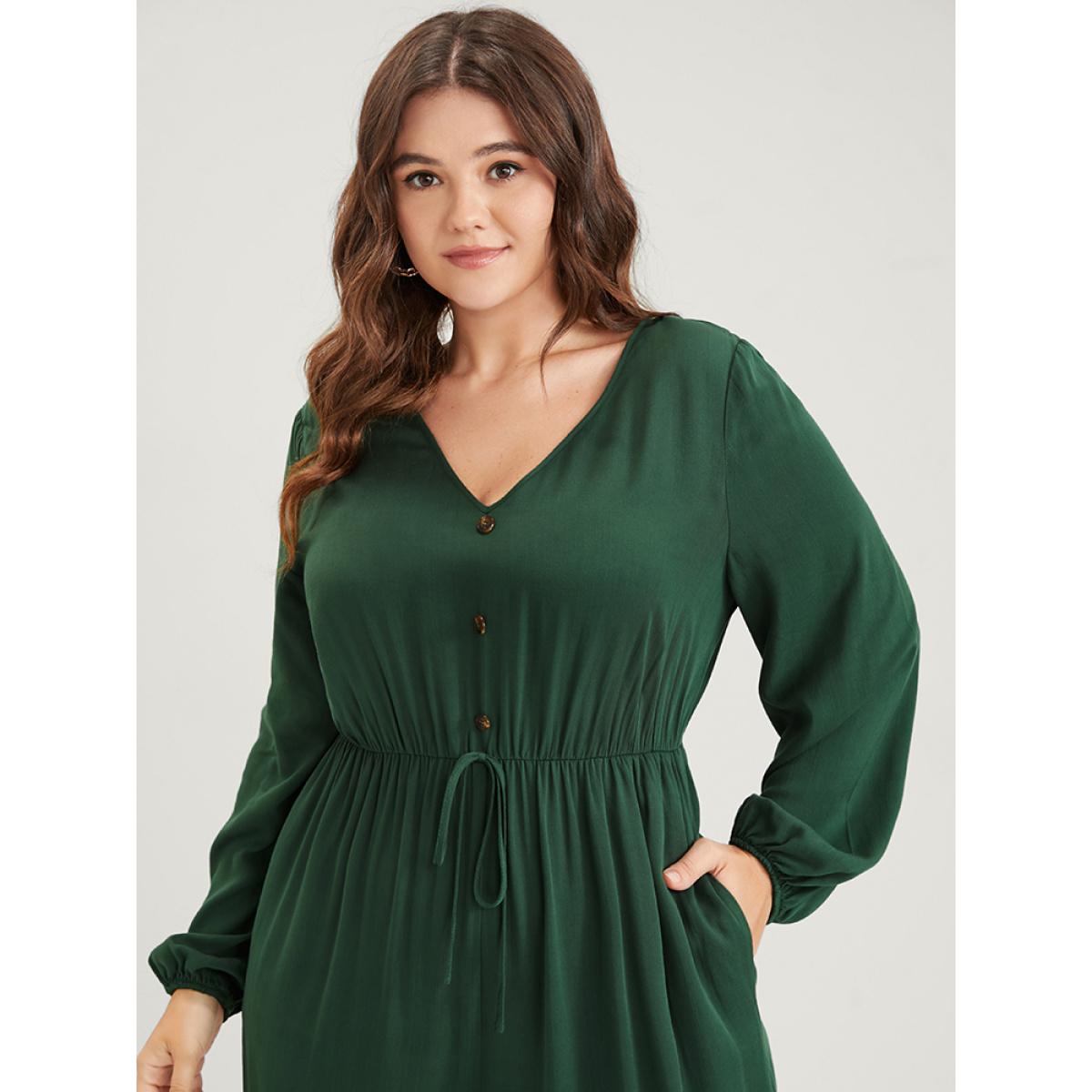 Plus Size Green Plain Pocket Button Lantern Sleeve Lace Hem Tie Jumpsuit Women Elegant Long Sleeve V-neck Dailywear Loose Jumpsuits BloomChic 18-20/2X Product Image