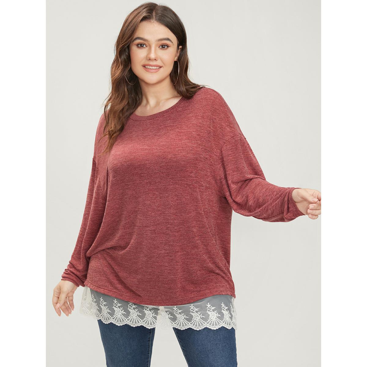 Plus Size Solid Round Neck Lace Hem Long Tee Raspberry Women Elegant Patchwork Plain Round Neck Dailywear T-shirts BloomChic 18-20/2X Product Image