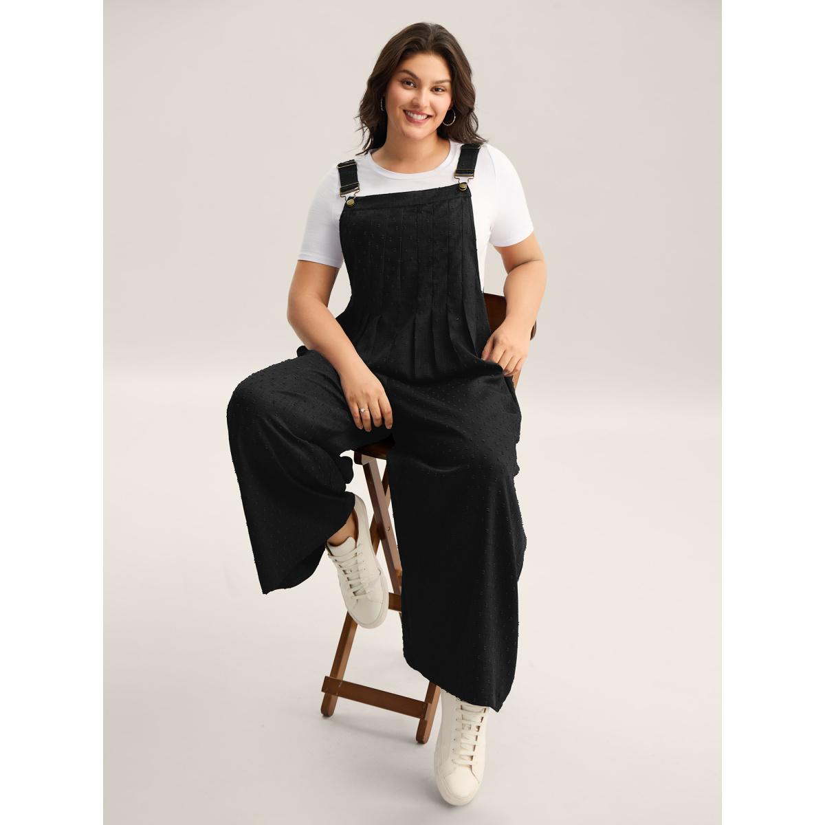 Plus Size Black Textured Plicated Detail Overall Straps Jumpsuit Women Sleeveless Square Neck Everyday-Casual Loose Jumpsuits BloomChic 30/6X Product Image