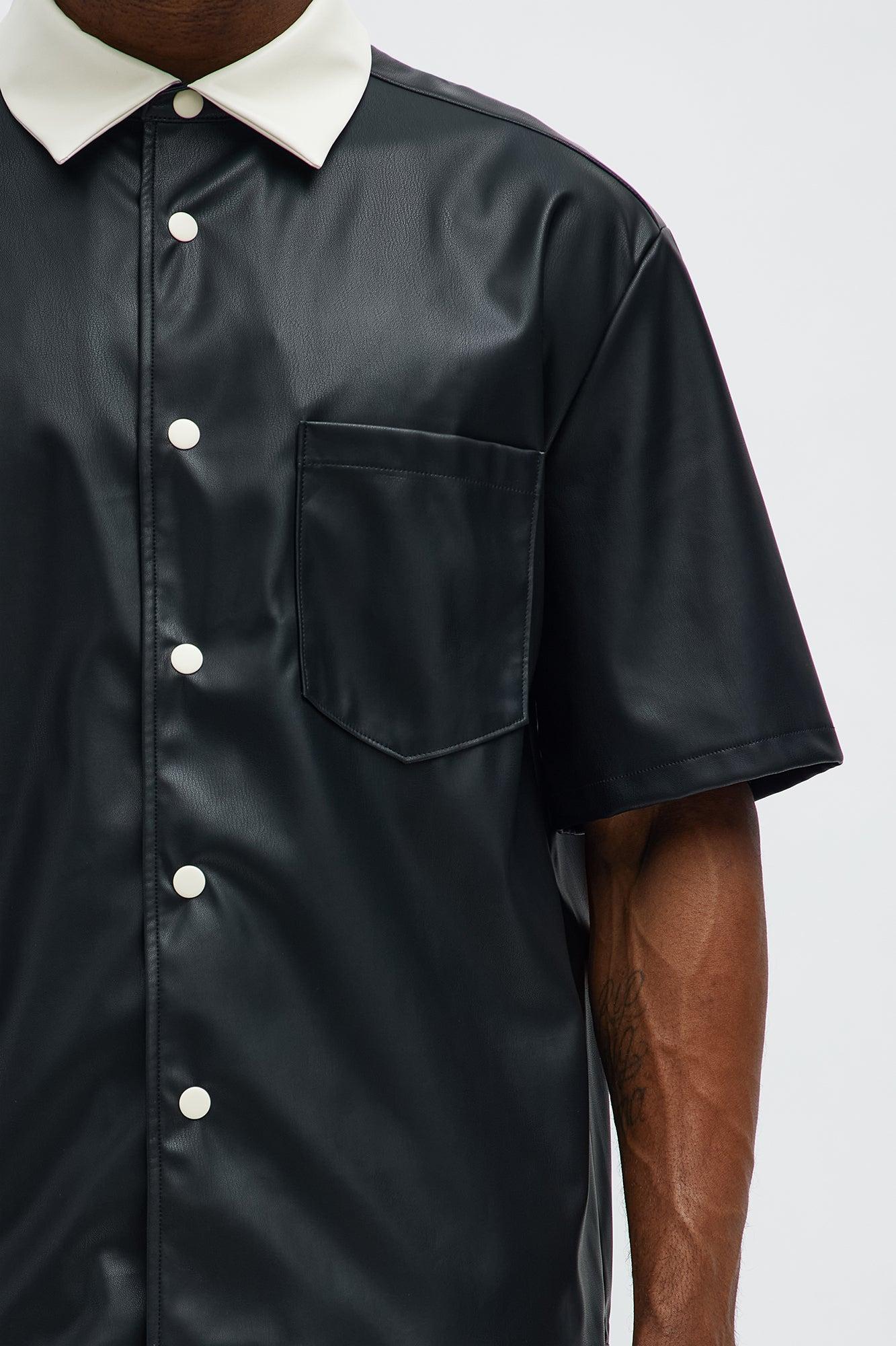Cropped Colored Collar Faux leather Button Up Shirt - Black Male Product Image