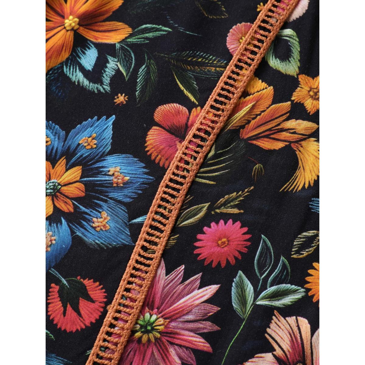 Plus Size Rayon Floral Lace Trim Button Maxi Dress Black Women Boho V-neck Half Sleeve Curvy BloomChic 30/6X Product Image