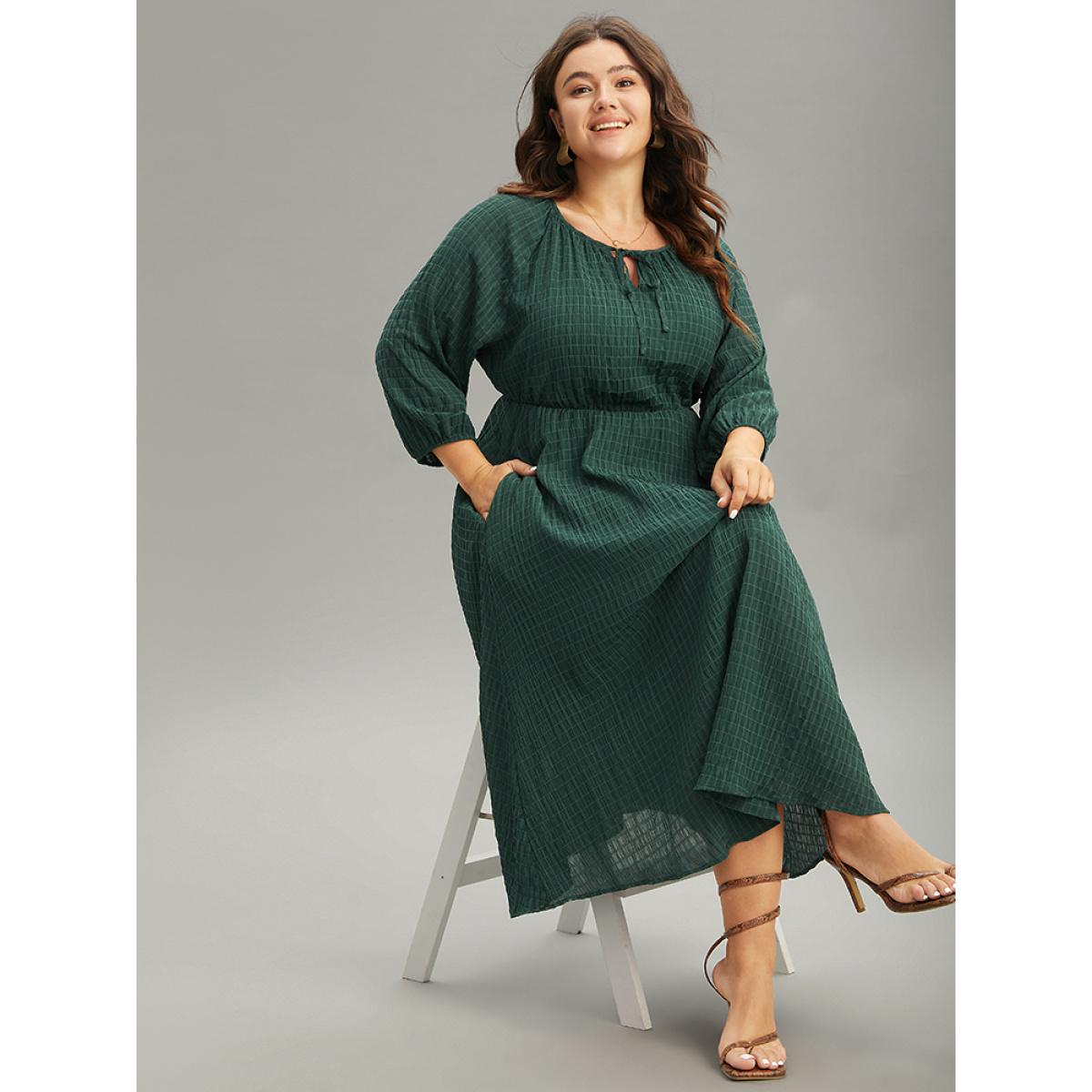 Plus Size Solid Textured Knot Neck Gathered Lantern Sleeve Dress DarkGreen Women Elegant Elastic cuffs Tie Neck Elbow-length sleeve Curvy Midi Dress BloomChic 22-24/3X Product Image