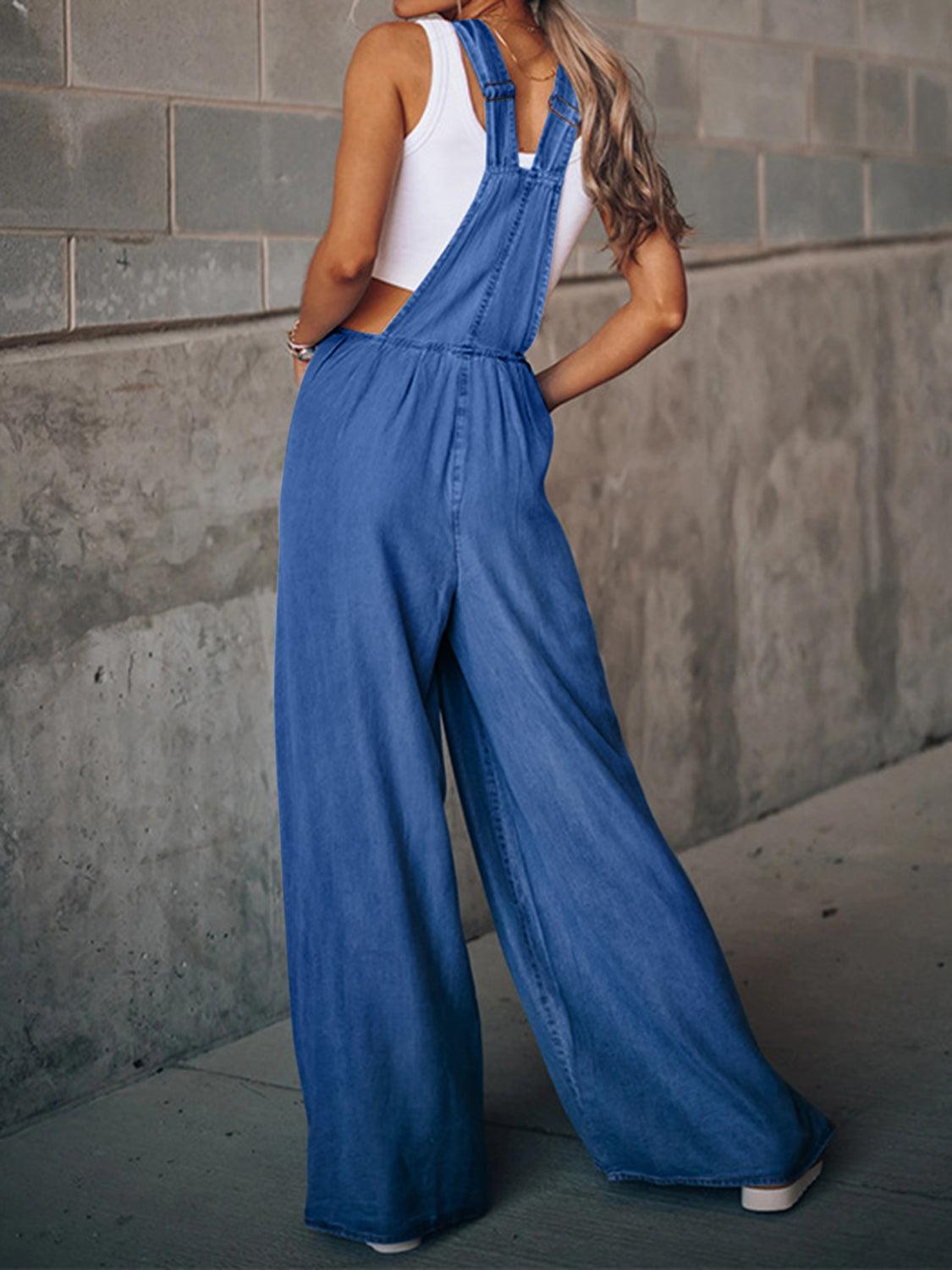 Distressed Wide Leg Denim Overalls Product Image