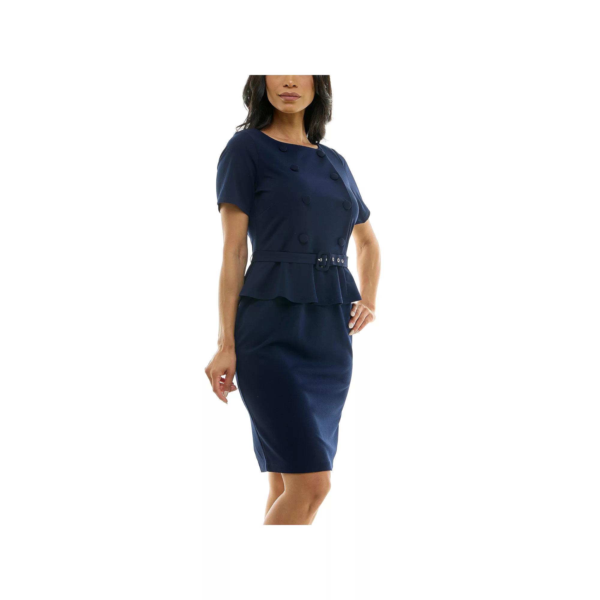 Women's Nina Leonard Boat Neck Peplum Dress, Size: Large, Blue Product Image