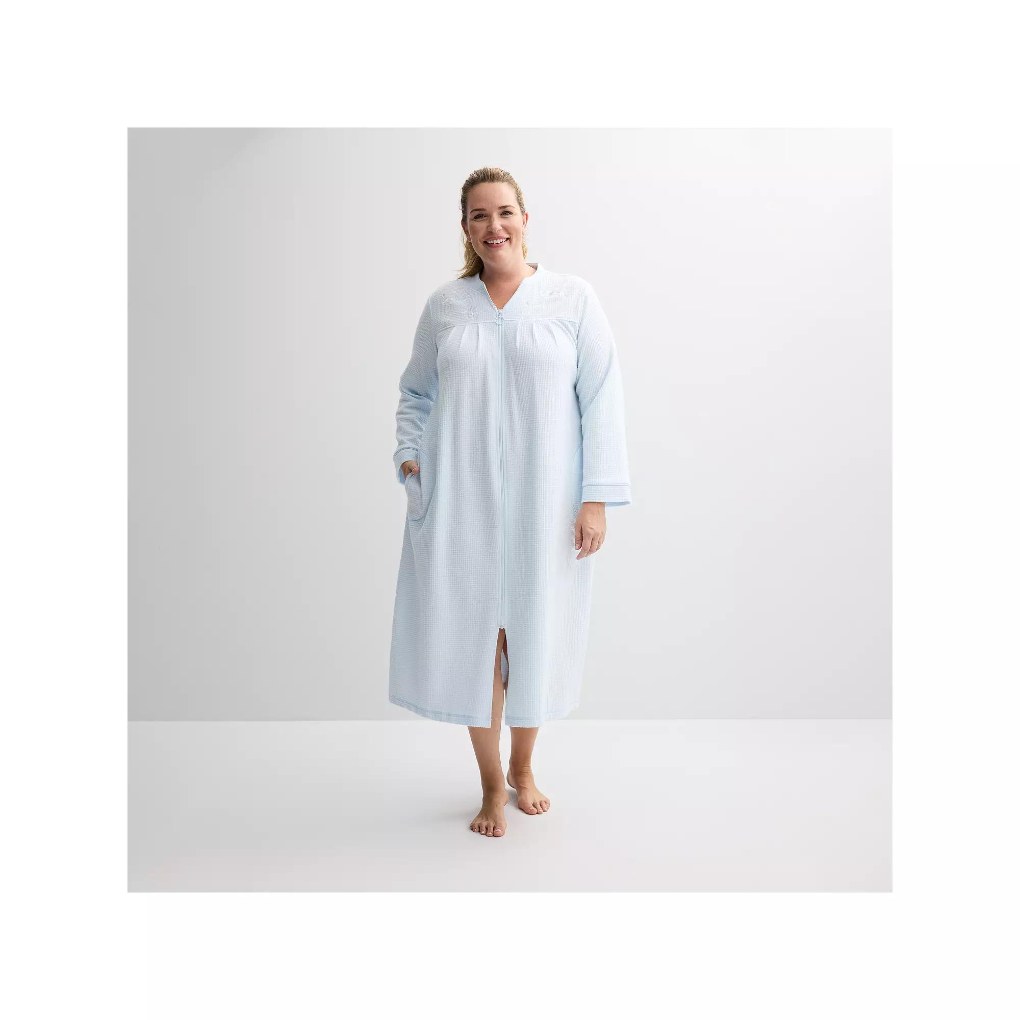 Plus Size Miss Elaine Essentials Brushed Waffle Long Zip Robe, Women's, Size: 3XL, Light Blue Product Image