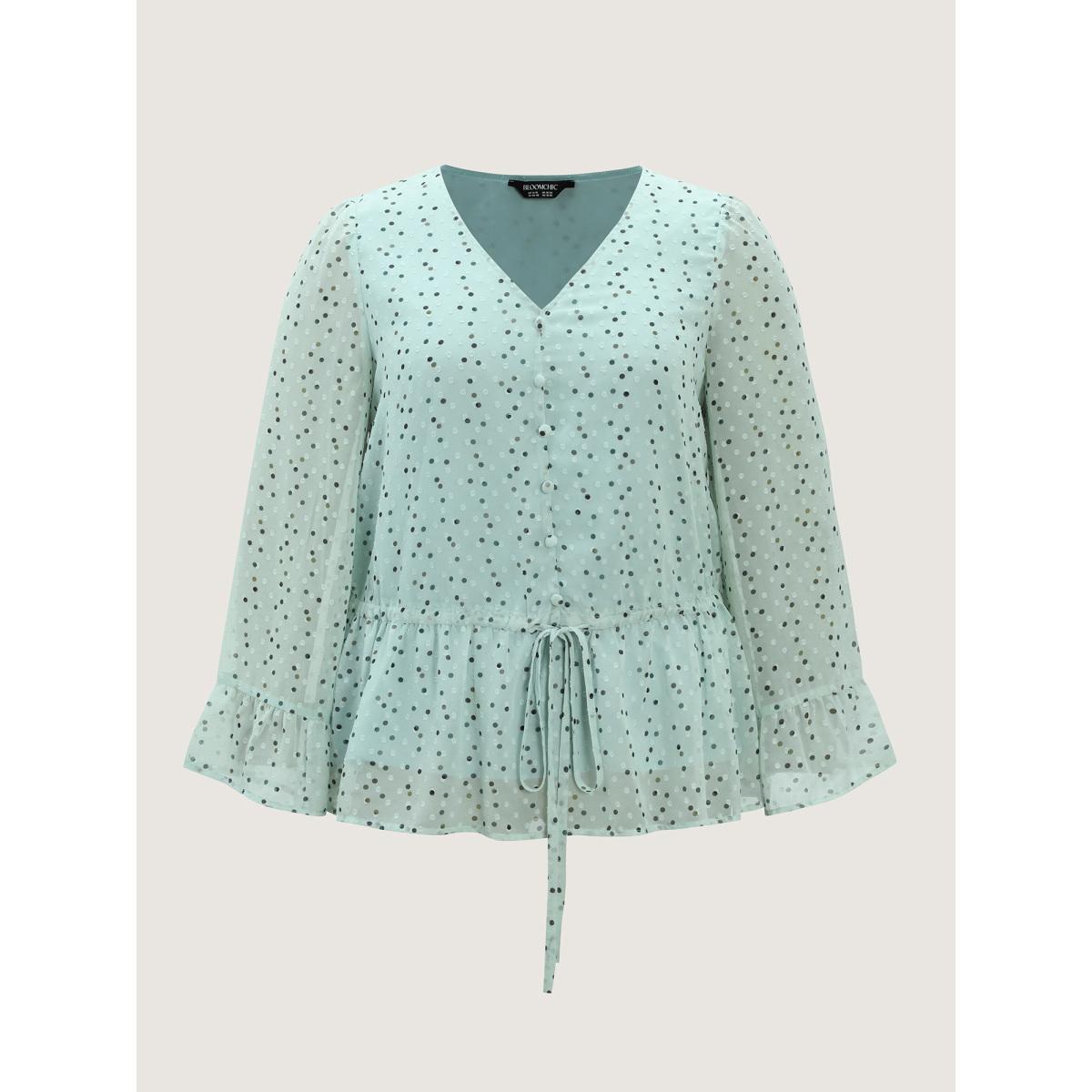 Plus Size Mint Polka Dots Waist-Tie V-Neck Blouse Women Timeless Extra Long Sleeve V-neck Elegant Blouses BloomChic 30/6X Product Image