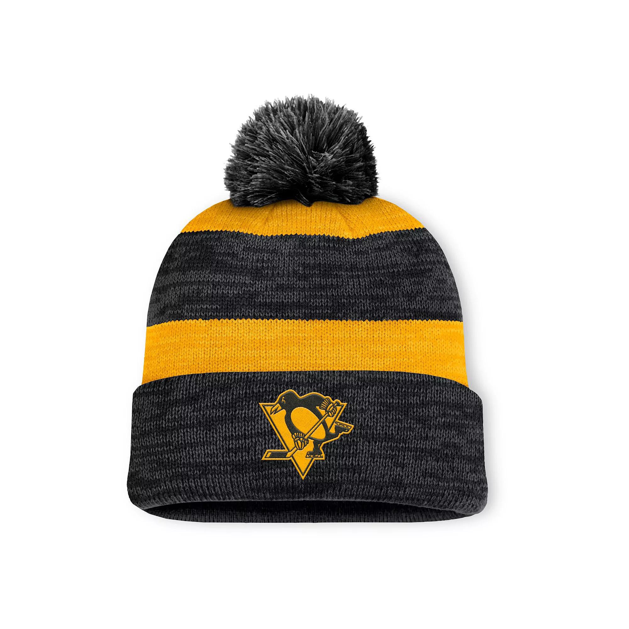 Men's Fanatics Black Pittsburgh Penguins Fundamental Red Line Cuffed Knit Hat with Pom Product Image