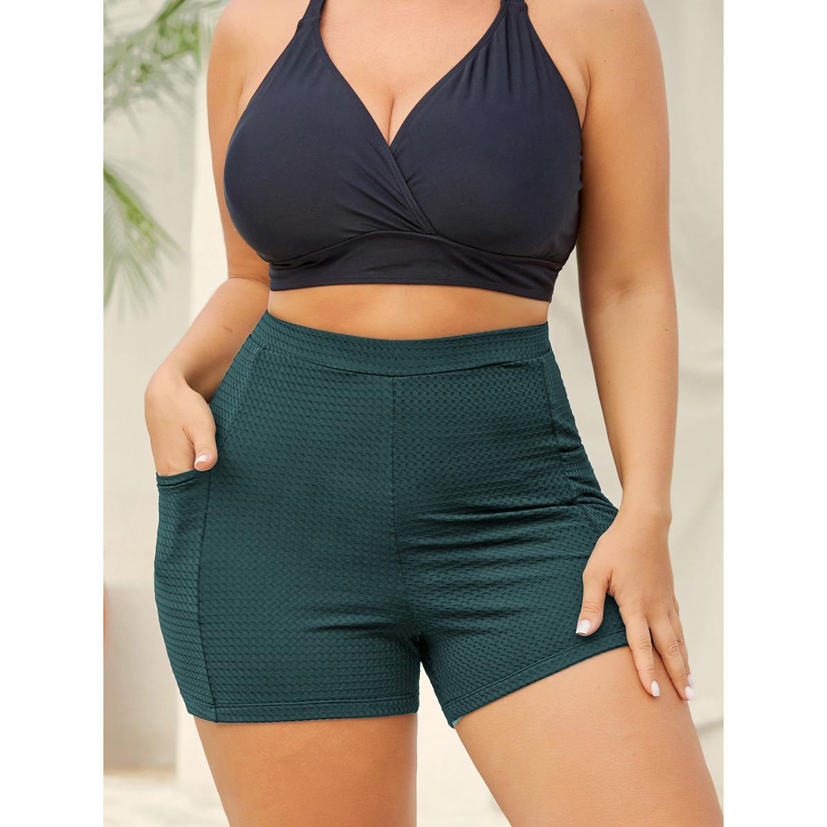 Plus Size Textured Tight-Fit Pockets Swim Bottoms Women's Swimwear Cyan Resort Texture High stretch Skinny High Rise Side seam pocket Curve Swim Bottoms BloomChic 10/M Product Image