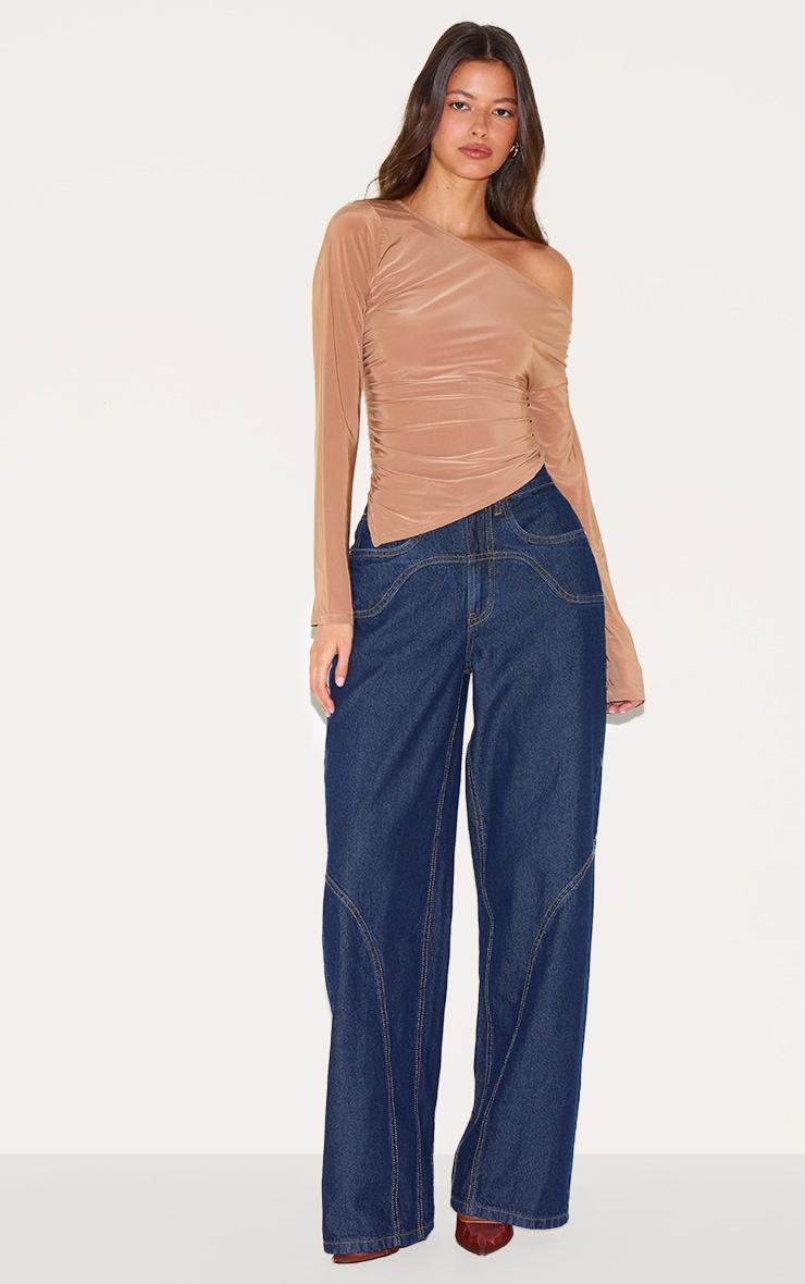 Tan Soft Touch Asymmetric Ruched Long Sleeve Top Product Image