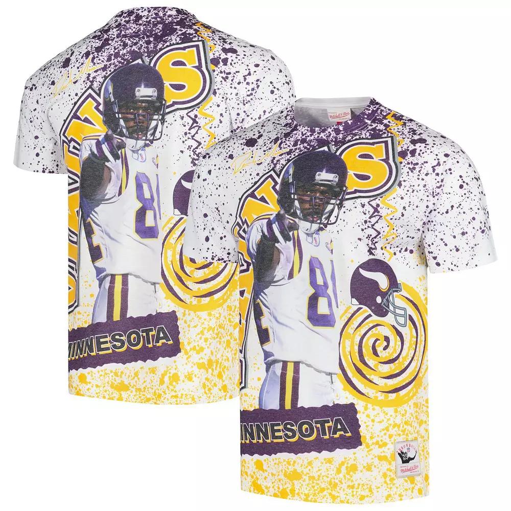 Men's Mitchell & Ness Randy Moss White Minnesota Vikings Retired Player Name & Number Burst T-Shirt,  Product Image